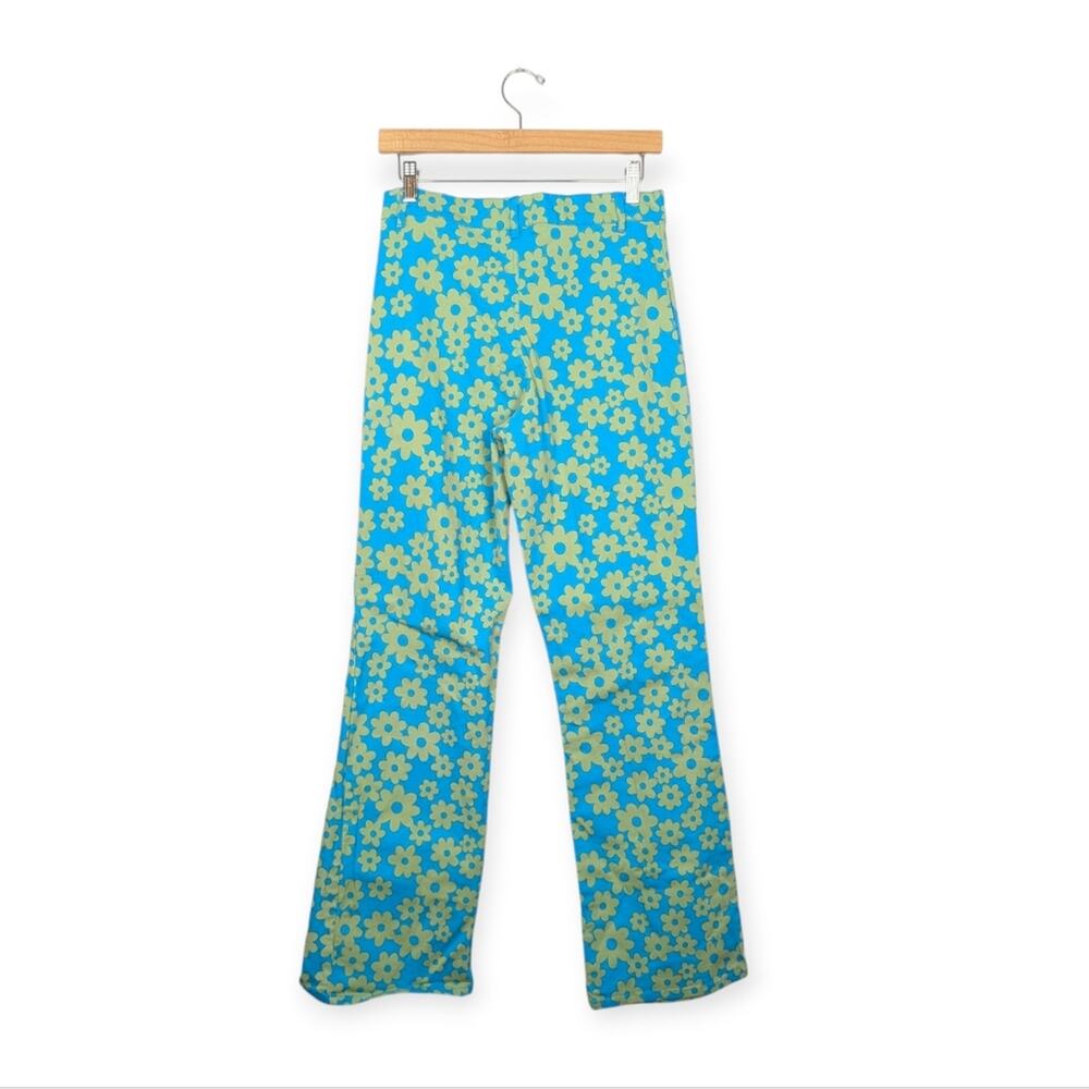 Motel Zoven Blue & Green Retro Daisy Print Flared Trousers Size M - Picture 2 of 11